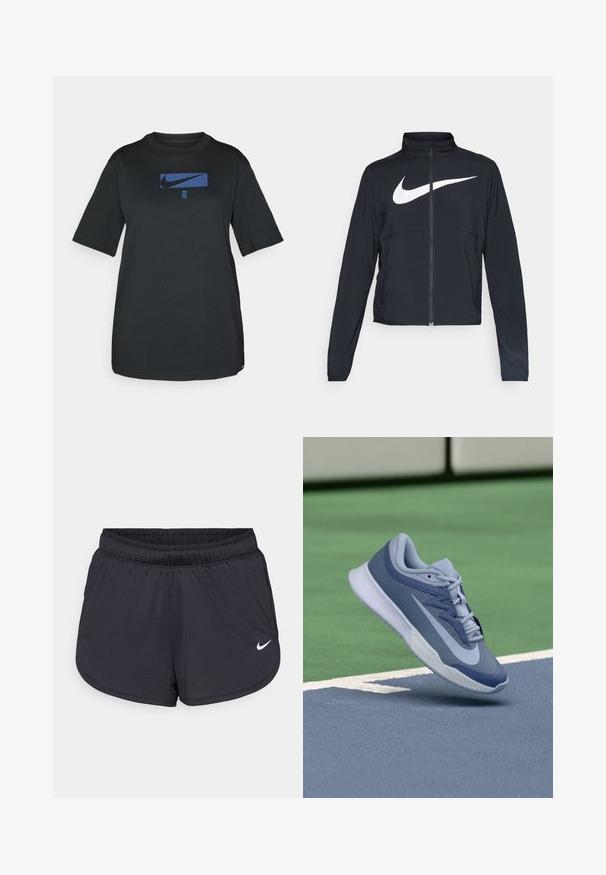 Czarna bluza sportowa na zamek błyskawiczny z wysokim kołnierzem, długimi rękawami i dużym białym logo Nike na klatce piersiowej.; Czarna bawełniana koszulka z krótkimi rękawami i okrągłym dekoltem. Posiada niebieskie logo Nike z przodu w prostokątnej grafice.; Czarne sportowe spodenki z elastycznym pasem, z sportowym wzorem i białym logo Nike na dolnej części przedniej strony. Tkanina o fakturze.; Sportowe sneakersy w jasnoniebieskim i granatowym kolorze, z teksturowaną cholewką, płaskimi sznurowadłami i lekką białą podeszwą. Uniesione nad nawierzchnią boiska.