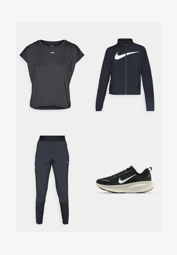 Črna športna jakna z polnim zadrgo, visokim ovratnikom, dolgimi rokavi in velikim belim logotipom Nike swoosh čez prsi.; Črn kratkostišni top iz gladkega materiala, z okroglo ovratnikom in besedo "STRONGER" natisnjeno v beli barvi na prsih.; Nike športne hlače v temno sivi barvi, s taperiranim krojem, elastičnim pasom in dodatnimi detajli blizu manšet.; Črne Nike tekaške čevlje z zračno mrežno zgornjim delom, belim logotipom Swoosh, teksturiranimi detajli in smetanasto barvnim srednjim delom ZoomX.