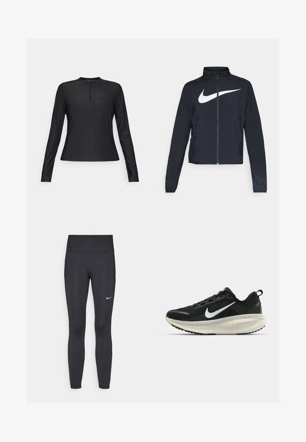 Schwarze Sportjacke mit vollem Reißverschluss, hohem Kragen, langen Ärmeln und großem weißen Nike-Swoosh-Logo auf der Brust.; Schwarz langärmliges Shirt aus glattem, leichtem Material. Mit einem Reißverschluss am Hals und einem dezenten Logo auf der Brust.; Schwarze Leggings aus elastischem Stoff, mit einem hohen Bund und einem weißen Nike-Logo auf dem linken Oberschenkel. Glatte Textur, figurbetontes Design.; Schwarzer Nike-Laufschuh mit atmungsaktivem Mesh-Obermaterial, weißem Swoosh-Logo, strukturierten Details und einer cremefarbenen ZoomX-Zwischensohle.