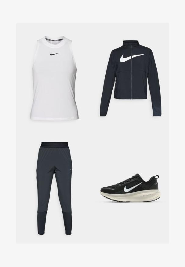 Svart joggebund med hel glidelås, høy krage, lange ermer og stort hvitt Nike swoosh-logo over brystet.; Hvit ermeløs trenings-T-skjorte med rund hals og en liten svart Nike-logo på brystet. Laget av glatt, lett stoff.; Nike treningsbukser i mørkegrå, med en tapered ben design, elastisk midjebånd og detaljert dekorasjon nær mansjettene.; Svart Nike løpesko med pustende mesh-overdel, hvit swoosh-logo, teksturert detaljer og en kremfarget ZoomX mellomsåle.