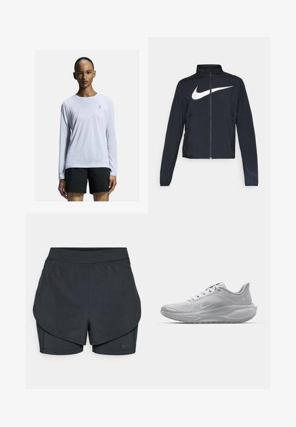 Schwarze Sportjacke mit vollem Reißverschluss, hohem Kragen, langen Ärmeln und großem weißen Nike-Swoosh-Logo auf der Brust.; Langärmliges weißes Performance-Shirt aus leichtem, atmungsaktivem Stoff. Hat einen runden Ausschnitt und ein dezentes Logo auf der Brust.; Schwarze sportliche Shorts mit einem geschichteten Design, das eine glatte äußere Schicht und eng anliegende innere Shorts umfasst. Hergestellt aus leichtem, dehnbarem Material.; Hellgraue Laufschuhe mit einer strukturierten Oberseite, Schnürverschluss und dämpfender Sohle. Verfügt über ein Logo an der Seite und eine gemusterte Außensohle.