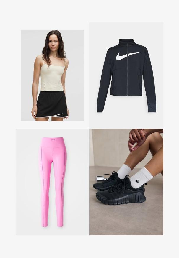 Zwarte sportjas met volledige rits, hoge kraag, lange mouwen en groot wit Nike swoosh-logo op de borst.; Lichtgeel spaghettiband topje gecombineerd met een zwarte rok met een gebogen zoom en witte randaccenten. Gladde stoftextuur.; Strakke roze leggings van rekbaar materiaal, met een hoge tailleband en contrasterende zijnaadstiksels. Gladde textuur en geen zichtbare patronen.; Zwarte sport schoenen van een gestructureerde stof, met vetersluiting en een opvallende zool, gecombineerd met witte geribbelde sokken met een klein logo.