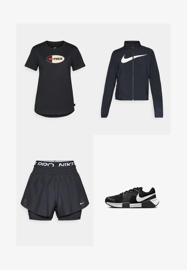 Zwarte sportjas met volledige rits, hoge kraag, lange mouwen en groot wit Nike swoosh-logo op de borst.; Zwarte katoen T-shirt met een ronde hals, korte mouwen en een centraal "airmax" logo in rood en crème kleur aan de voorkant.; Zwarte sportshorts met een gelaagd ontwerp, voorzien van een ademende buitenlaag, een elastische tailleband met merknaam en een klein logo aan de voorkant.; Zwarte sportieve schoenen met een bovenwerk van gaas, textuurpanelen aan de zijkant en witte accenten. De zool is verdeeld met een rubberen grippatroon.