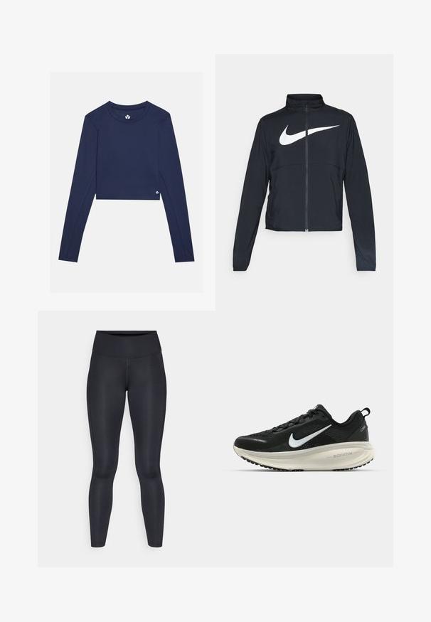 Must musta täispikk vary hoodie kõrge krae, pikad varrukad ja suur valge Nike swooshi logo rinnal.; Tumesinine pikkade varrukatega lühike top, mis on valmistatud siledast kangast. Sellel on ümmargune kaelus ja väike logo alumises paremas servas.; Mustad mustad, mis on valmistatud siledast ja venivast kangast. Kõrge vöökoht, ilma nähtavate mustrite või aksessuaarideta. Sobivad tihedalt puusadelt kuni pahkluuni.; Musthave mustus Nike jooksujalats, millel on hingav võrgust ülemine osa, valge swoosh logo, tekstuuriga detailid ja kreemja värvusega ZoomX vahevöö.