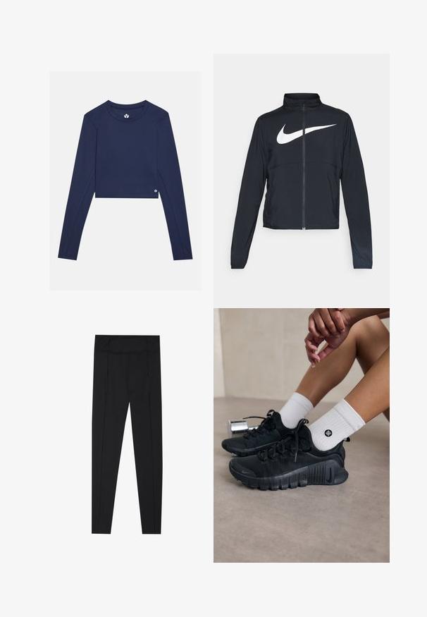 Zwarte sportjas met volledige rits, hoge kraag, lange mouwen en groot wit Nike swoosh-logo op de borst.; Navy lange mouw cropped top gemaakt van gladde stof, met een ronde halslijn en een klein logo aan de onderzijde aan de rechterkant.; Zwarte legging met een gladde textuur, hoge tailleband en stiksels langs de zijkanten. Slim-fit ontwerp, geschikt voor verschillende activiteiten.; Zwarte sport schoenen van een gestructureerde stof, met vetersluiting en een opvallende zool, gecombineerd met witte geribbelde sokken met een klein logo.