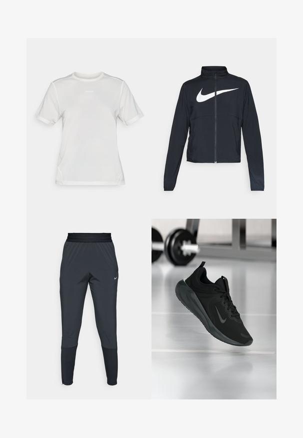 Czarna bluza sportowa na zamek błyskawiczny z wysokim kołnierzem, długimi rękawami i dużym białym logo Nike na klatce piersiowej.; Biała koszulka sportowa z krótkim rękawem, wykonana z siateczkowego materiału, z okrągłym dekoltem i małym logo "Salomon" umieszczonym na środku klatki piersiowej.; Spodnie sportowe Nike w ciemnoszarym kolorze, z tapered leg design, elastycznym paskiem w talii oraz akcentami przy nogawkach.; Czarny sportowy sneaker z logo Nike, pokazany w powietrzu na podłodze siłowni, z rozmytym regałem z hantlami w tle.