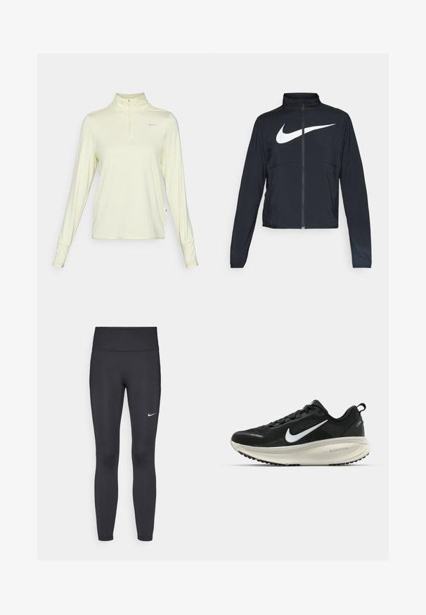 Musta urheilutakki, jossa on täysivetoketju, korkea kaulus, pitkät hihat ja suuri valkoinen Nike-tikkauksella rintaosa.; Nike Performance SWIFT - Pitkähihainen paita - life lime/white/reflective silver; Mustat leggingsit joustavasta kankaasta, joissa on korkea vyötärö ja valkoinen Nike-logo vasemmassa reidessä. Sileä pinta, muotoaan myötäilevä suunnittelu.; Mustat Nike-juoksukengät, joissa on hengittävä verkko-osa, valkoinen swoosh-logo, teksturoitu yksityiskohtaus ja kermaisen värinen ZoomX-välipohja.