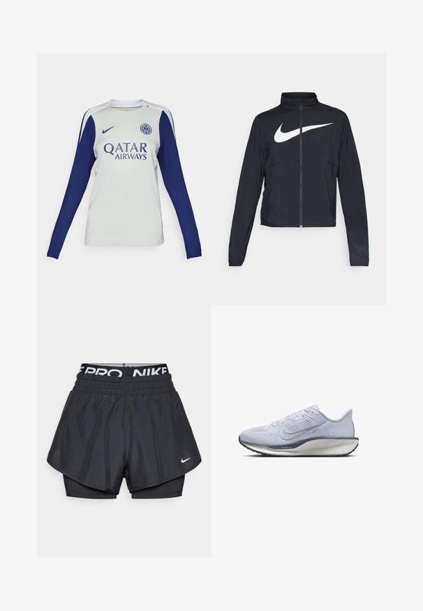 Veste de sport noire zippée sur toute la longueur avec un col haut, des manches longues et un grand logo Nike swoosh blanc sur la poitrine.; Maillot de football à manches longues en gris clair avec des manches bleu marine. Il possède un col rond, un logo Nike et un marquage Qatar Airways sur le devant.; Shorts de sport noirs avec un design superposé, présentant une couche extérieure respirante, une taille élastique avec marquage, et un petit logo à l'avant.; Baskets de course bleu clair avec une tige en maille respirante, des accents texturés, une semelle rembourrée et une semelle extérieure contrastante bleu foncé.