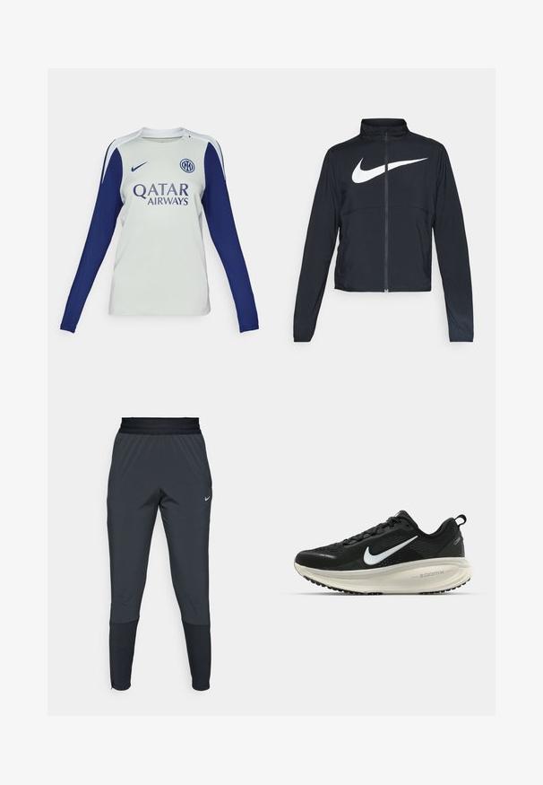 Čierna športová bunda na zips s vysokým golierom, dlhými rukávmi a veľkým bielym logom Nike na hrudi.; Dlhý rukáv futbalového dresu v svetlosivej farbe s námorníckymi modrými rukávmi. Obsahuje okrúhly výstrih, logo Nike a branding Qatar Airways na prednej strane.; Športové nohavice Nike v tmavo sivej farbe, s členeným strihom na nohaviciach, elastickým pásom a akcentovanými detailmi pri manžetách.; Čierne bežecké topánky Nike s priedušnou sieťovinou, bielym logom s symbolom swoosh, textúrovanými detailmi a krémovou ZoomX medzipodrážkou.