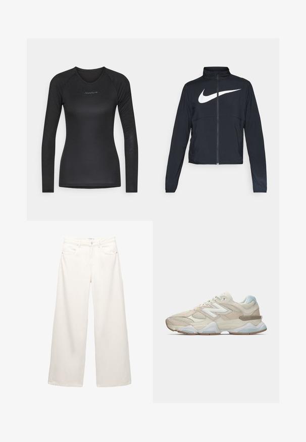 Černá sportovní bunda na zip s vysokým límcem, dlouhými rukávy a velkým bílým logem Nike swoosh přes prsa.; Černý top s dlouhými rukávy vyrobený z měkké tkaniny. Má kulatý výstřih a tónové logo "Isadore" na hrudi. Úzký střih.; Bílé široké džíny vyrobené z denimu s vysokým pasem, obsahující přední kapsy a kovové prvky na knoflíku a zipovém uzávěru.; Beige a světle modré síťované a semišové atletické tenisky s bílým logem "N" a masivní bílou a hnědou podrážkou, boční pohled.