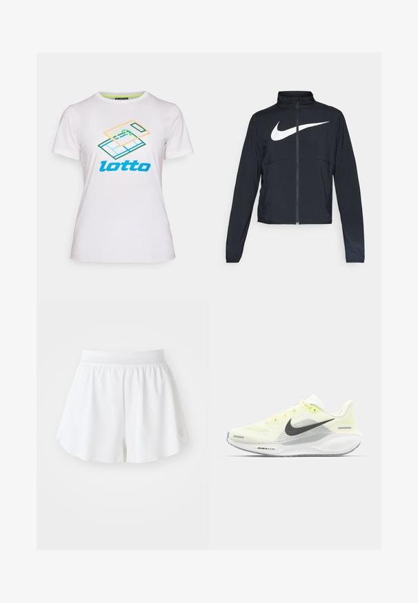 Chaqueta deportiva negra de cremallera completa con cuello alto, mangas largas y gran logo de Nike en blanco en el pecho.; Camiseta blanca de algodón de manga corta, con un gráfico geométrico colorido y el logo "lotto" en azul en la parte frontal.; Pantalones cortos deportivos blancos con una textura suave, cinturilla elástica y un diseño acampanado. Presenta un pequeño logotipo en la parte inferior derecha.; Zapatillas de correr Nike con una parte superior de malla en amarillo claro y blanco, detalles en gris y una suela de goma flexible. Cuenta con un cierre de cordones.