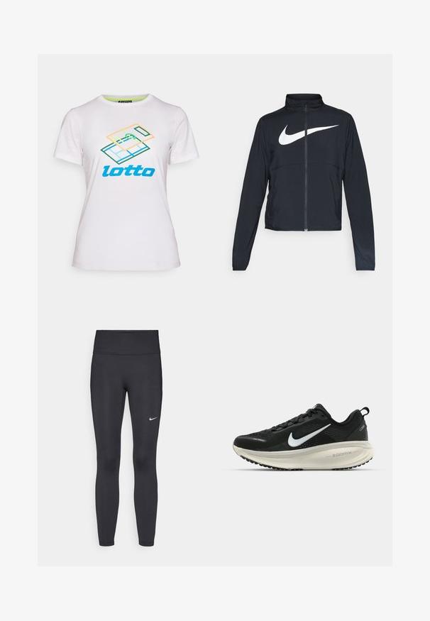 Črna športna jakna z polnim zadrgo, visokim ovratnikom, dolgimi rokavi in velikim belim logotipom Nike swoosh čez prsi.; Bela majica s kratkimi rokavi iz bombaža, ki ima barvno geometrijsko grafiko in logotip "lotto" v modri barvi spredaj.; Črne legice iz elastične tkanine, z visokim pasom in belim Nike logo na levem stegnu. Gladka tekstura, oblikovno prilegajoč dizajn.; Črne Nike tekaške čevlje z zračno mrežno zgornjim delom, belim logotipom Swoosh, teksturiranimi detajli in smetanasto barvnim srednjim delom ZoomX.