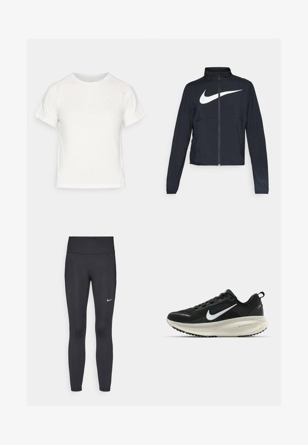 Czarna bluza sportowa na zamek błyskawiczny z wysokim kołnierzem, długimi rękawami i dużym białym logo Nike na klatce piersiowej.; Lekka biała koszulka z krótkim rękawem, okrągłym dekoltem i małym logo w lewym górnym rogu. Gładki materiał o subtelnej połysku.; Czarne legginsy z elastycznego materiału, z wysokim pasem i białym logo Nike na lewym udzie. Gładka tekstura, dopasowany krój.; Czarna biegowa półbut z oddychającej siateczki, białym logo swoosh, teksturowanymi detalami oraz kremową podeszwą środkową ZoomX.