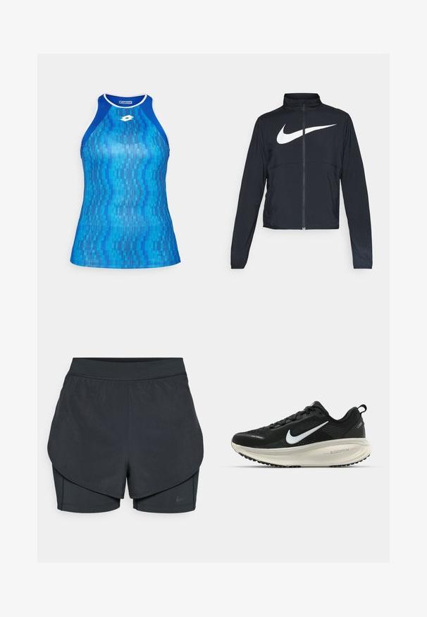 Melnā sporta jaka ar pilnu rāvējslēdzēju, augstu apkakli, garām piedurknēm un lielu baltu Nike swoosh logotipu krūšu daļā.; Zila sporta topiņš ar ģeometrisku rakstu dažādās zilās nokrāsās. Tam ir raseback dizains un balti akcenti ap kakla izgriezumu.; Melnas sporta šortus ar slāņotu dizainu, kas ietver gludu ārējo slāni un pieguļošus iekšējos šortus. Izgatavoti no viegla, elastīga auduma.; Melnas Nike skriešanas kurpes ar elpojošu acs augšdaļu, baltu Swoosh logotipu, strukturētu apdari un krēmkrāsas ZoomX starpsole.