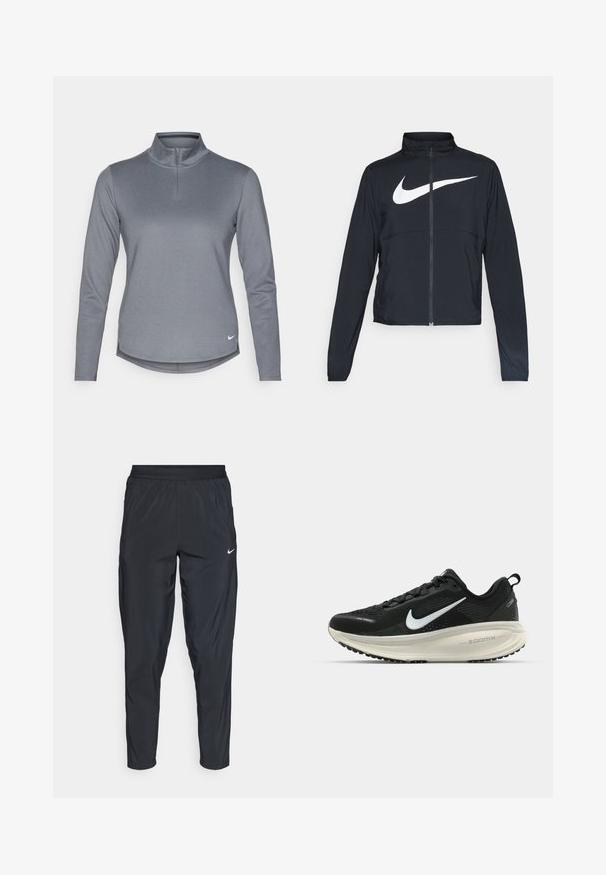 Casaco desportivo preto com fecho éclair completo, gola alta, mangas longas e grande logótipo branco da Nike na parte frontal.; Pulôver cinza de mangas longas com colarinho de fecho de quarto, textura suave e um pequeno logotipo branco na parte inferior esquerda. Apresenta fendas laterais.; Calças desportivas pretas com cintura elástica, pernas ajustadas e um pequeno logo branco na coxa esquerda. Tecido leve e suave.; Sapatilha de corrida Nike preta com parte superior de malha respirável, logotipo Swoosh branco, detalhes texturizados e uma entressola ZoomX na cor creme.