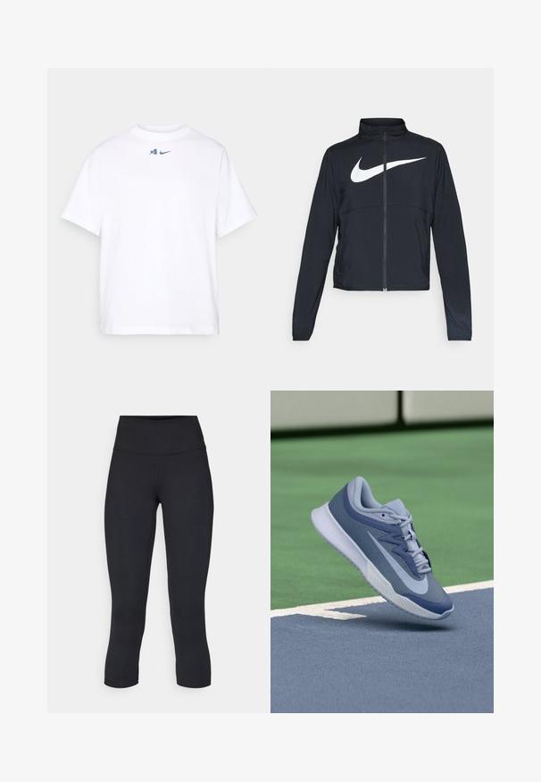 Svart joggebund med hel glidelås, høy krage, lange ermer og stort hvitt Nike swoosh-logo over brystet.; Hvit bomulls T-skjorte med kort erm, rund hals, med en blå Nike-logo og designdetalj på brystområdet.; Sorte, cropped leggings laget av elastisk stoff, med høy midje og glatt tekstur, uten synlige mønstre eller detaljer.; Sportssko i lyseblå og marineblå, med en teksturert overdel, flate lisser og en lett hvit såle. Hevet over en baneflate.