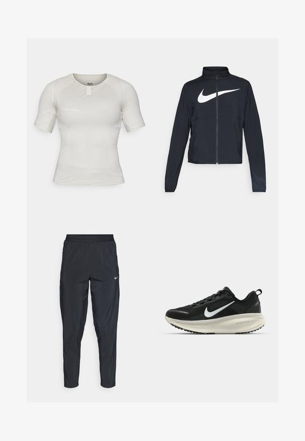 Melnā sporta jaka ar pilnu rāvējslēdzēju, augstu apkakli, garām piedurknēm un lielu baltu Nike swoosh logotipu krūšu daļā.; Īsām piedurkņu sporta krekls gaismas bežā sietspiedes audumā ar apaļu kakla izgriezumu un priekšējo kabatu. Elastīgs, pieguļošs dizains komfortam.; Melni sporta bikses ar elastīgu jostu, sašaurinātām kājām un mazu baltu logotipu kreisajā augšstilbā. Viegls, gluds audums.; Melnas Nike skriešanas kurpes ar elpojošu acs augšdaļu, baltu Swoosh logotipu, strukturētu apdari un krēmkrāsas ZoomX starpsole.