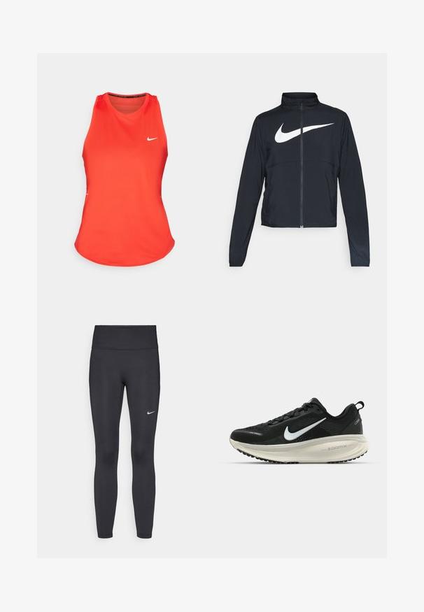 Giacca sportiva nera con zip completa, colletto alto, maniche lunghe e grande logo swoosh bianco Nike sul petto.; Canottiera atletica rossa realizzata in tessuto leggero. Presenta un collo rotondo, design senza maniche e un piccolo logo Nike bianco sul davanti.; Leggings neri realizzati in tessuto elasticizzato, con una vita alta e un logo Nike bianco sulla coscia sinistra. Tessuto liscio, design aderente.; Scarpa da corsa nera Nike con tomaia in rete traspirante, logo Swoosh bianco, dettagli testurizzati e intersuola ZoomX di colore crema.