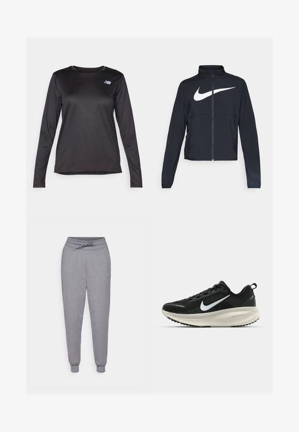 Juodas sportinis džemperis su visiškai užtraukiama užtrauktuku, aukšta apykakle, ilgomis rankovėmis ir dideliu baltu Nike swoosh logotipu per krūtinę.; Ilgų rankovių juodas sportinis marškinėlis, pagamintas iš lygaus, lengvo audinio, su subtilia tekstūra ir mažais logotipais ant krūtinės.; Pilkos siaurėjantys sportiniai kelnių su raišteliu juosmenyje, elastingais kulkšnių kraštais ir subtiliu Nike logotipu kairiajame šlaunyje. Švelni, tekstūruota medžiaga.; Juodas Nike sportinis batelis su kvėpuojančiu tinklu, baltu swoosh logotipu, tekstūruoto dizaino detalėmis ir grietinėlės spalvos ZoomX viduriu.