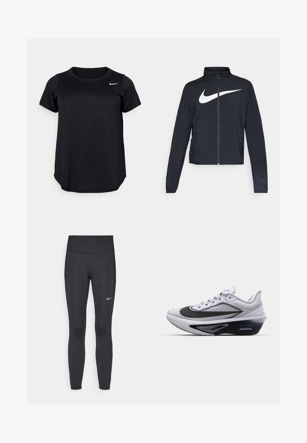 Casaco desportivo preto com fecho éclair completo, gola alta, mangas longas e grande logótipo branco da Nike na parte frontal.; T-shirt atlético preto feito de tecido leve, com decote redondo e mangas curtas. Logótipo da Nike em branco proeminente no canto superior esquerdo.; Leggings pretos feitos de tecido elástico, com uma cintura alta e um logo branco da Nike na coxa esquerda. Textura suave, design ajustado ao corpo.; Sapatilha atlética branca com parte superior em malha, apresentando um swoosh curvo preto, sola com amortecimento ZoomX e um design texturizado para respirabilidade.