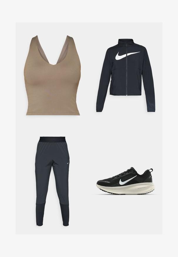 Musta urheilutakki, jossa on täysivetoketju, korkea kaulus, pitkät hihat ja suuri valkoinen Nike-tikkauksella rintaosa.; Ruskea, hihaton toppi syvällä V-päällä. Sujuva pinta ja istuva muoto, jossa on leveät olkaimet ja suora helma.; Nike urheiluhaalareita tummanharmaana, joissa on kapeneva lahjesuunnittelu, joustava vyötärö ja korostedetaileja lahkeiden läheisyydessä.; Mustat Nike-juoksukengät, joissa on hengittävä verkko-osa, valkoinen swoosh-logo, teksturoitu yksityiskohtaus ja kermaisen värinen ZoomX-välipohja.