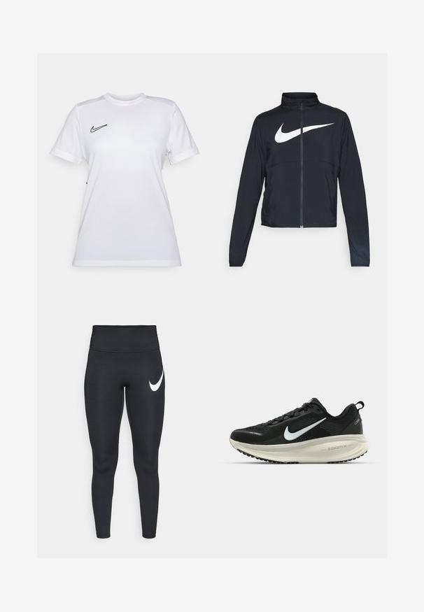 Musta urheilutakki, jossa on täysivetoketju, korkea kaulus, pitkät hihat ja suuri valkoinen Nike-tikkauksella rintaosa.; Valkoinen Nike T-paita, jossa on slim fit -malli, crew-neck kaulus, lyhyet hihat ja musta logo vasemmassa rintapielessä; valmistettu kevyestä ja hengittävästä materiaalista.; Mustat korkea vyötärö athletic leggingsit, joissa on valkoinen Nike swoosh -logo vasemmassa yläreidessä valkoista taustaa vasten.; Mustat Nike-juoksukengät, joissa on hengittävä verkko-osa, valkoinen swoosh-logo, teksturoitu yksityiskohtaus ja kermaisen värinen ZoomX-välipohja.