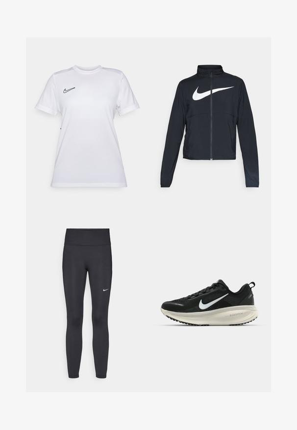 Fekete, teljes cipzáros sportdzseki magas gallérral, hosszú ujjal, amelyen egy nagy, fehér Nike logó található a mellkason.; Fehér Nike póló, slim fit szabással, kerek nyakkal, rövid ujjakkal, fekete logóval a bal mellen; könnyű, lélegző anyagból készült.; Fekete leggings elasztikus anyagból, magas derékkal és fehér Nike logóval a bal combon. Simább textúra, testhez álló kialakítás.; Fekete Nike futócipő légáteresztő hálós felsőrésszel, fehér Swoosh logóval, textúrázott részletekkel és krém színű ZoomX középtalppal.