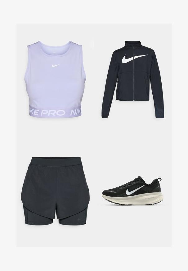 Crna sportska jakna s punim patentnim zatvaračem, visokim ovratnikom, dugim rukavima i velikim bijelim Nike swoosh logom preko grudi.; Svijetlopurple Nike Pro kratki top, bez rukava, s bijelim logotipom na prsima i uvijenim remenom s natpisom "NIKE PRO" u bijelom tekstu.; Crne atletske kratke hlače s višeslojnim dizajnom, koje sadrže glatki vanjski sloj i uske unutarnje hlače. Izrađene od lagane, rastezljive tkanine.; Crne Nike trkačke tenisice s prozračnom mrežastom gornjom konstrukcijom, bijelim swoosh logotipom, teksturiranim detaljima i kremastom ZoomX srednjom potplatnom jedinicom.