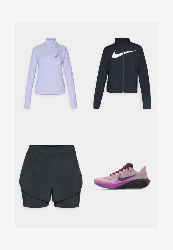 Schwarze Sportjacke mit vollem Reißverschluss, hohem Kragen, langen Ärmeln und großem weißen Nike-Swoosh-Logo auf der Brust.; Lila Langarm-Sportoberteil mit einem halben Reißverschluss und gesticktem Logo. Glatter Stoff mit einer taillierten Passform und geschwungener Säume.; Schwarze sportliche Shorts mit einem geschichteten Design, das eine glatte äußere Schicht und eng anliegende innere Shorts umfasst. Hergestellt aus leichtem, dehnbarem Material.; Nike Laufschuhe aus pinkem Mesh mit lila Akzenten, ausgestattet mit einer schwarzen Sohle und grünem Außensohlenmaterial. Mit Schnürung und gepolstertem Kragen.