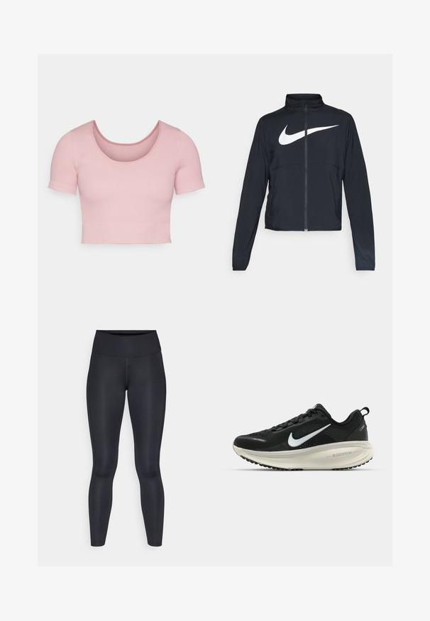 Čierna športová bunda na zips s vysokým golierom, dlhými rukávmi a veľkým bielym logom Nike na hrudi.; Ružový rebrovaný kratší top s krátkym rukávom, ktorý má zaoblený výstrih a priliehavý strih. Hladká textúra s čistým, jednoduchým dizajnom.; Čierne legíny vyrobené z hladkej, elastickej tkaniny. Vysoký pás bez viditeľných vzorov alebo akcentov. Úzke od pásu po členky.; Čierne bežecké topánky Nike s priedušnou sieťovinou, bielym logom s symbolom swoosh, textúrovanými detailmi a krémovou ZoomX medzipodrážkou.