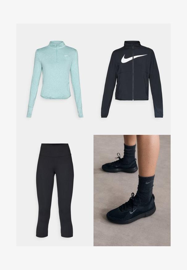Svart joggebund med hel glidelås, høy krage, lange ermer og stort hvitt Nike swoosh-logo over brystet.; Lyseblå, langermet treningsgenser med halvlukket krage, med et teksturert stoff og en liten hvit logo på brystet.; Sorte, cropped leggings laget av elastisk stoff, med høy midje og glatt tekstur, uten synlige mønstre eller detaljer.; Sorte Nike-sko med teksturert strikket overdel, med en grå swoosh-logo, kombinert med mørke, ribbede sokker. Flat gummisål.