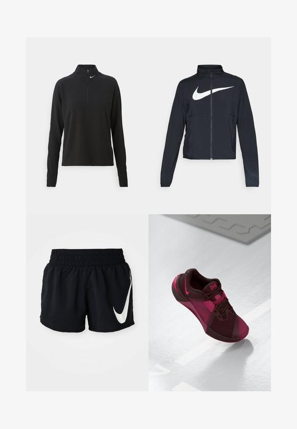 Casaco desportivo preto com fecho éclair completo, gola alta, mangas longas e grande logótipo branco da Nike na parte frontal.; Pullover preto de mangas longas com colar alto, apresenta um fecho de zíper na parte da frente e um pequeno logo prateado no lado esquerdo. Tecido macio e elástico.; Calções de atletismo pretos com uma cinta elástica, apresentando um grande logótipo branco da Nike na frente e um tecido liso e leve.; Sapato atlético em maroon escuro com detalhes em rosa. Apresenta um cabedal em malha, bico arredondado e sola texturizada. Cadarços e logótipo em destaque.