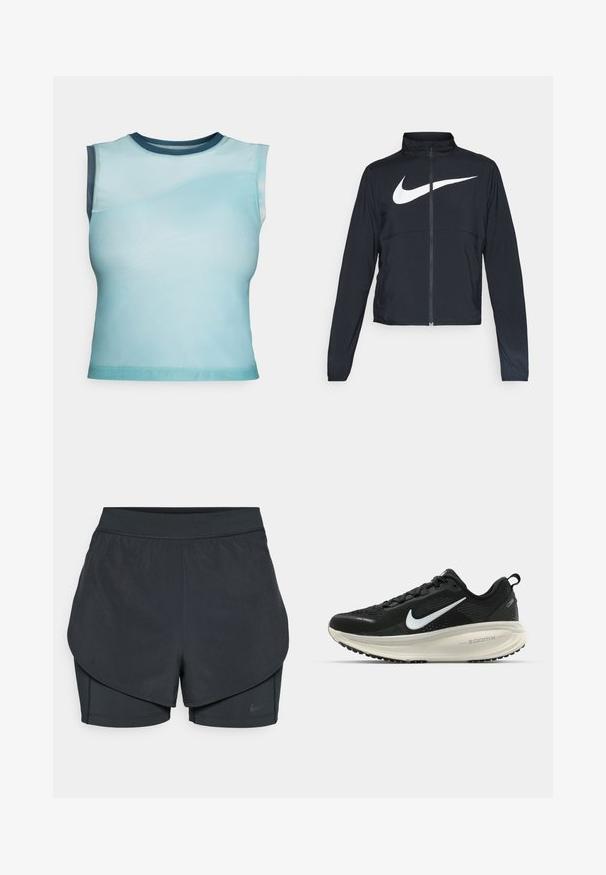 Fekete, teljes cipzáros sportdzseki magas gallérral, hosszú ujjal, amelyen egy nagy, fehér Nike logó található a mellkason.; Ujjatlan felső sima, könnyű anyagból, világoskék színátmenettel, sötétkék kerek nyakkivágással és ívelt varrással.; Fekete sportnadrág réteges kialakítással, sima külső résszel és illeszkedő belső nadrággal. Könnyű, rugalmas anyagból készült.; Fekete Nike futócipő légáteresztő hálós felsőrésszel, fehér Swoosh logóval, textúrázott részletekkel és krém színű ZoomX középtalppal.