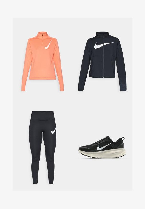 Čierna športová bunda na zips s vysokým golierom, dlhými rukávmi a veľkým bielym logom Nike na hrudi.; Dlhý rukáv zipsový top v svetlej koralovej farbe, so vysokým golierom, hladkým materiálom a bielym logom Nike swoosh na ľavej hrudi.; Čierne športové legíny s vysokým pásom s bielym logom Nike swoosh na ľavom stehne na bielom pozadí.; Čierne bežecké topánky Nike s priedušnou sieťovinou, bielym logom s symbolom swoosh, textúrovanými detailmi a krémovou ZoomX medzipodrážkou.
