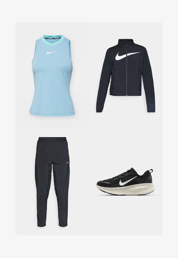 Black full-zip sports jacket with high collar, long sleeves, and large white Nike swoosh logo across the chest.; Nike Performance ADVANTAGE TANK - Top - denim turquoise/green frost/white; Black athletic pants with elastic waistband, tapered legs, and a small white logo on the left thigh. Lightweight, smooth fabric.; Black Nike running shoe with breathable mesh upper, white swoosh logo, textured detailing, and a cream-colored ZoomX midsole.