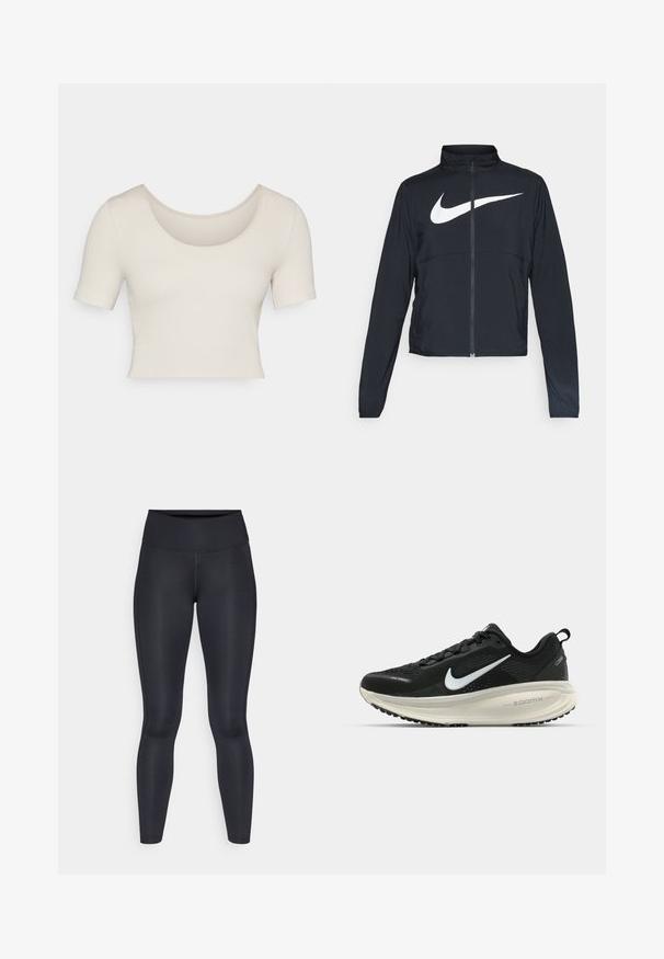 Melnā sporta jaka ar pilnu rāvējslēdzēju, augstu apkakli, garām piedurknēm un lielu baltu Nike swoosh logotipu krūšu daļā.; Īsām piedurknēm, apgriezts tops vieglā bēšā ribota auduma. Tam ir plaša apaļā izgriezuma kakla līnija un pieguloša piegriezuma forma, izceļot gludu tekstūru.; Melnas legingi, izgatavoti no gludas, elastīgas auduma. Augsts jostasvieta bez redzamām rakstiem vai akcentiem. Cieši pieguļ no jostas līdz potītēm.; Melnas Nike skriešanas kurpes ar elpojošu acs augšdaļu, baltu Swoosh logotipu, strukturētu apdari un krēmkrāsas ZoomX starpsole.
