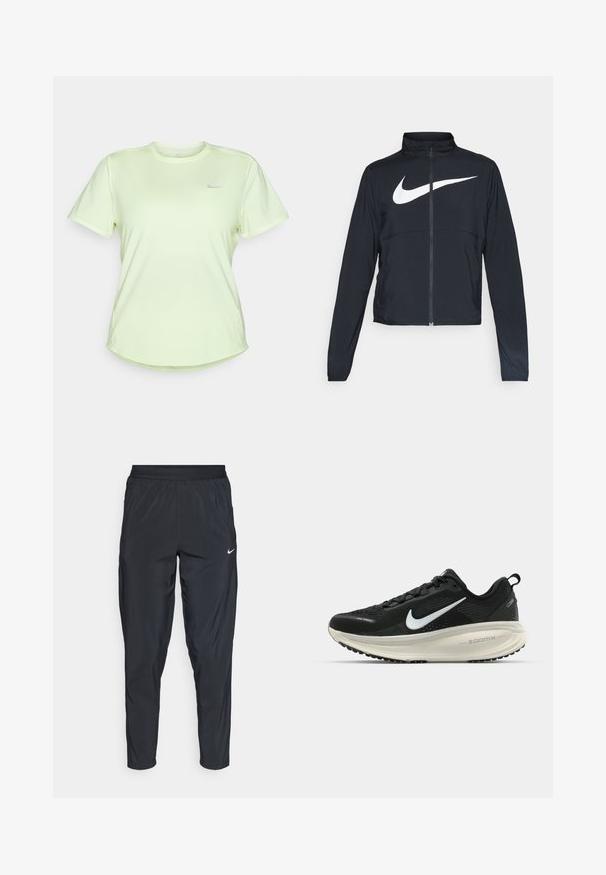 Czarna bluza sportowa na zamek błyskawiczny z wysokim kołnierzem, długimi rękawami i dużym białym logo Nike na klatce piersiowej.; Jasnozielona koszulka sportowa z miękkiego, oddychającego materiału. Posiada okrągły dekolt, krótkie rękawy oraz małe srebrne logo na piersi.; Czarne spodenki sportowe z elastycznym pasem, zwężanymi nogawkami i małym białym logo na lewej udzie. Lekki, gładki materiał.; Czarna biegowa półbut z oddychającej siateczki, białym logo swoosh, teksturowanymi detalami oraz kremową podeszwą środkową ZoomX.