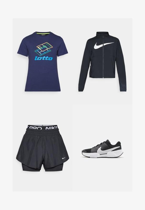 Črna športna jakna z polnim zadrgo, visokim ovratnikom, dolgimi rokavi in velikim belim logotipom Nike swoosh čez prsi.; Temno modra bombažna majica s kratkimi rokavi, ki na sprednji strani prikazuje večbarvni logotip Lotto in geometrijski vzorec.; Črne športne hlače z večplastno zasnovo, ki vključujejo zračno zunanje plast, elastičen pas z blagovno znamko in majhen logotip spredaj.; Črno-bele športne čevlje z teksturirano zgornjim delom, izrazitim Nike swooshom in kontrastnim dizajnom podplata za izboljšano oprijemljivost in stabilnost.