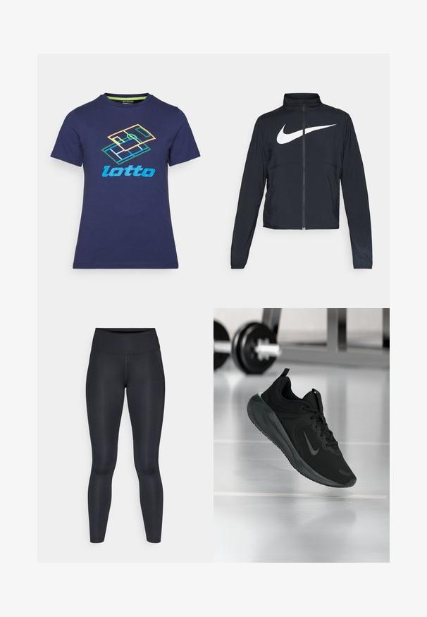 Černá sportovní bunda na zip s vysokým límcem, dlouhými rukávy a velkým bílým logem Nike swoosh přes prsa.; Námorně modré bavlněné tričko s krátkými rukávy, které má na přední straně tištěné logo Lotto v různých barvách a geometrický vzor.; Černé legíny vyrobené z hladké, elastické tkaniny. Vysoký pas bez viditelných vzorů nebo akcentů. Těsně přiléhají od pasu k kotníkům.; Černé sportovní tenisky s logem Nike, zobrazené ve vzduchu na podlaze tělocvičny, s rozostřeným regálem s činkami na pozadí.