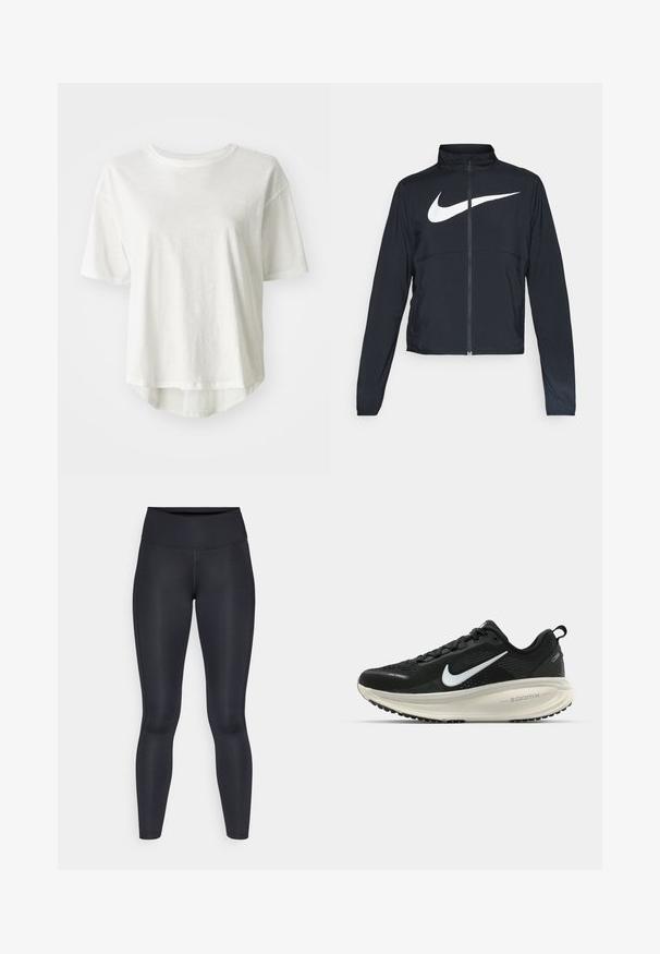 Črna športna jakna z polnim zadrgo, visokim ovratnikom, dolgimi rokavi in velikim belim logotipom Nike swoosh čez prsi.; Bela kratka majica s kratkimi rokavi, okrogli izrez, lahkoten material, nekoliko daljši zadnji rob, gladka tekstura z rahlim sijajem.; Črne legice narejene iz gladkega, elastičnega materiala. Visok pas brez vidnih vzorcev ali dodatkov. Tesno se prilegajo od pasu do gležnjev.; Črne Nike tekaške čevlje z zračno mrežno zgornjim delom, belim logotipom Swoosh, teksturiranimi detajli in smetanasto barvnim srednjim delom ZoomX.