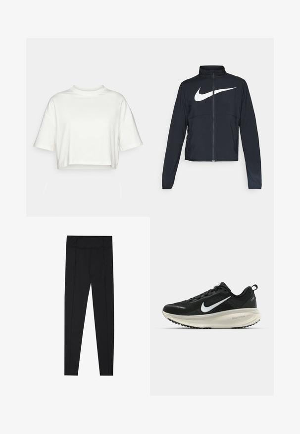 Črna športna jakna z polnim zadrgo, visokim ovratnikom, dolgimi rokavi in velikim belim logotipom Nike swoosh čez prsi.; Kratek, kratkokakav t-shirt iz čiste bele bombažne tkanine. Ima okroglo ovratnik in sproščen kroj z zavihanimi robovi. Mehka tekstura, brez vzorcev.; Črne legginske hlače z gladko teksturo, visokim pasom in šivi ob straneh. Slim-fit zasnova, primerna za različne aktivnosti.; Črne Nike tekaške čevlje z zračno mrežno zgornjim delom, belim logotipom Swoosh, teksturiranimi detajli in smetanasto barvnim srednjim delom ZoomX.