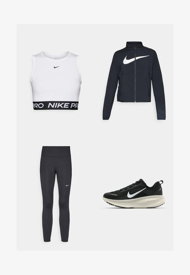 Crna sportska jakna s punim patentnim zatvaračem, visokim ovratnikom, dugim rukavima i velikim bijelim Nike swoosh logom preko grudi.; Bijeli sportski crop top s okruglim izrezom, bez rukava i crnim elastičnim pojasom s natpisom "NIKE PRO".; Crne tajice izrađene od rastezljivog materijala, s visokim strukom i bijelim Nike logotipom na lijevom bedru. Glatka tekstura, dizajn koji prati obline.; Crne Nike trkačke tenisice s prozračnom mrežastom gornjom konstrukcijom, bijelim swoosh logotipom, teksturiranim detaljima i kremastom ZoomX srednjom potplatnom jedinicom.