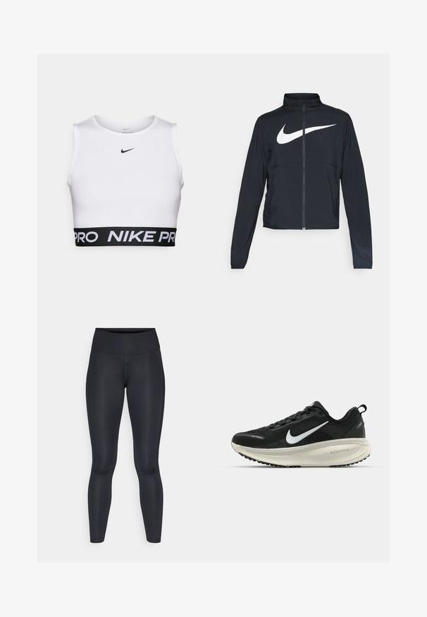 Black full-zip sports jacket with high collar, long sleeves, and large white Nike swoosh logo across the chest.; White athletic crop top featuring a round neckline, sleeveless design, and a black elastic waistband with "NIKE PRO" text.; Black leggings made of smooth, stretchy fabric. High waist with no visible patterns or accents. Fit closely from waist to ankles.; Black Nike running shoe with breathable mesh upper, white swoosh logo, textured detailing, and a cream-colored ZoomX midsole.
