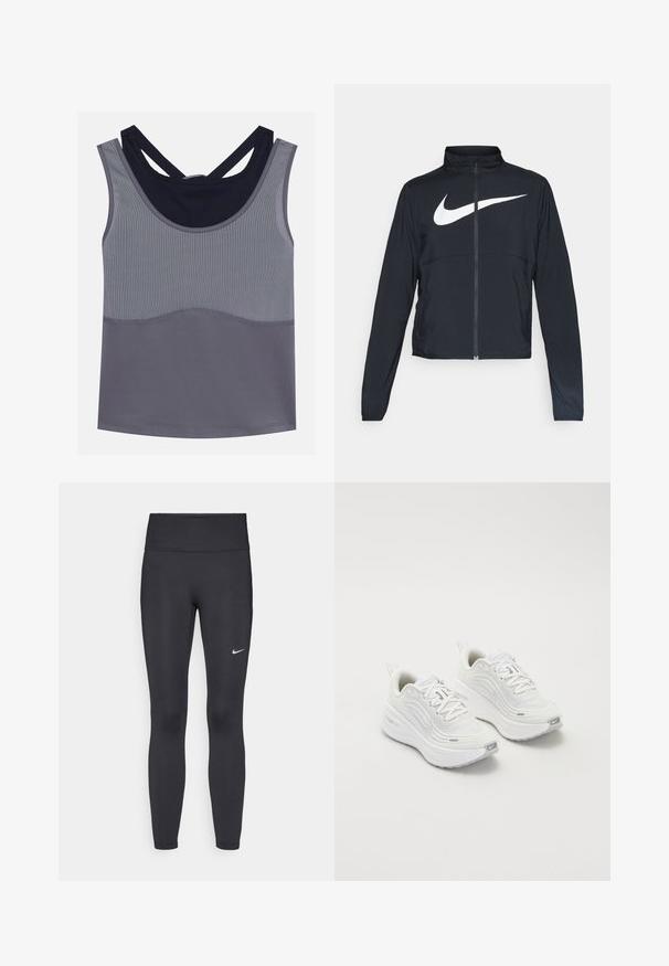 Čierna športová bunda na zips s vysokým golierom, dlhými rukávmi a veľkým bielym logom Nike na hrudi.; Sivý športový tielko s okrúhlym výstrihom, dizajnom s pretekárskym chrbtom a kontrastnými námorníckymi modrými akcentmi. Má štruktúrovanú látku a bezšvovú konštrukciu.; Čierne legíny z elastického materiálu, s vysokým pásom a bielym logom Nike na ľavom stehne. Hladká textúra, priliehavý dizajn.; Biele športové topánky s textúrovaným sieťovým zvrškom, polstrovanou podrážkou a jemnými šedými akcentmi. Obsahujú branding a slučkovú pätku pre jednoduché obúvanie.