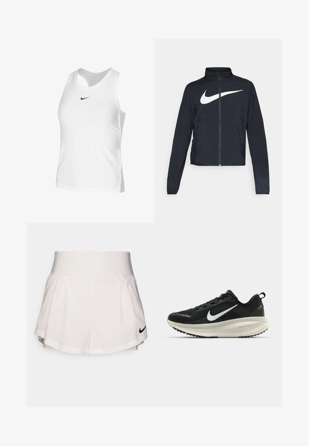 Črna športna jakna z polnim zadrgo, visokim ovratnikom, dolgimi rokavi in velikim belim logotipom Nike swoosh čez prsi.; Bela atletska majica bez rukava, izdelana iz gladkega materiala, z okroglim izrezom, odprtim hrbtom in majhnim črnim logotipom Nike na prsih.; Nike Performance SHORT - Športne kratke hlače - white/black; Črne Nike tekaške čevlje z zračno mrežno zgornjim delom, belim logotipom Swoosh, teksturiranimi detajli in smetanasto barvnim srednjim delom ZoomX.