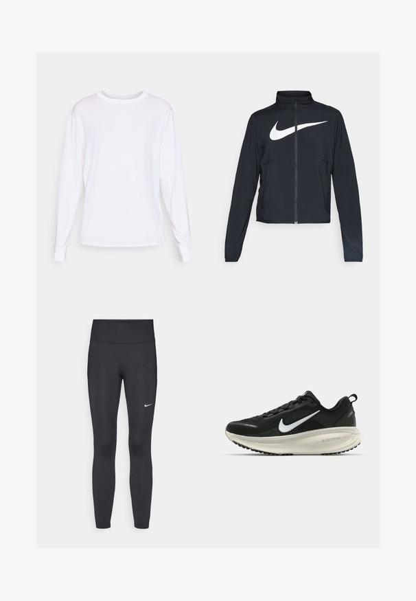 Musta urheilutakki, jossa on täysivetoketju, korkea kaulus, pitkät hihat ja suuri valkoinen Nike-tikkauksella rintaosa.; Pitkähihaine valkoinen t-paita, joka on valmistettu puuvillasta. Siinä on pyöreä kaula-aukko, sivuhalkeamat ja ribbireunukset. Sujuva tekstuuri ja normaali istuvuus.; Mustat leggingsit joustavasta kankaasta, joissa on korkea vyötärö ja valkoinen Nike-logo vasemmassa reidessä. Sileä pinta, muotoaan myötäilevä suunnittelu.; Mustat Nike-juoksukengät, joissa on hengittävä verkko-osa, valkoinen swoosh-logo, teksturoitu yksityiskohtaus ja kermaisen värinen ZoomX-välipohja.