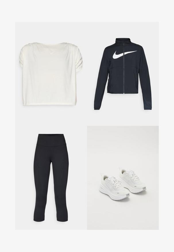 Jachetă sport neagră cu fermoar pe toată lungimea, guler înalt, mâneci lungi și un logo mare alb Nike swoosh pe piept.; Tricou cu mânecă scurtă, de culoare fildeș, cu detalii pliate pe umeri și guler rotund. Material moale, ușor, cu un luciu subtil. Logo-ul este amplasat pe spate.; Leggings negre scurte, fabricate dintr-un material elastic, având o talie înaltă și o textură netedă, fără modele sau accesorii vizibile.; Pantofi sport albi cu un superior din plasă texturată, talpă amortizată și accente subtile de gri. Include branding și un buclă la călcâi pentru a fi ușor de încălțat.