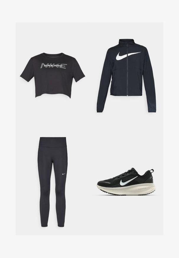 Czarna bluza sportowa na zamek błyskawiczny z wysokim kołnierzem, długimi rękawami i dużym białym logo Nike na klatce piersiowej.; Nike Performance PRO czarny; Czarne legginsy z elastycznego materiału, z wysokim pasem i białym logo Nike na lewym udzie. Gładka tekstura, dopasowany krój.; Czarna biegowa półbut z oddychającej siateczki, białym logo swoosh, teksturowanymi detalami oraz kremową podeszwą środkową ZoomX.
