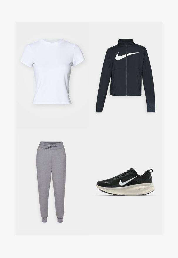 Svart joggebund med hel glidelås, høy krage, lange ermer og stort hvitt Nike swoosh-logo over brystet.; Hvit t-skjorte laget av mykt stoff, med rund hals og korte ermer, har en tettsittende design og en liten logo detalj nær halslinningen.; Grå, tapered joggebukser med snor i livet, elastiske mansjetter og en subtil Nike-logo på venstre lår. Myk, teksturert stoff.; Svart Nike løpesko med pustende mesh-overdel, hvit swoosh-logo, teksturert detaljer og en kremfarget ZoomX mellomsåle.