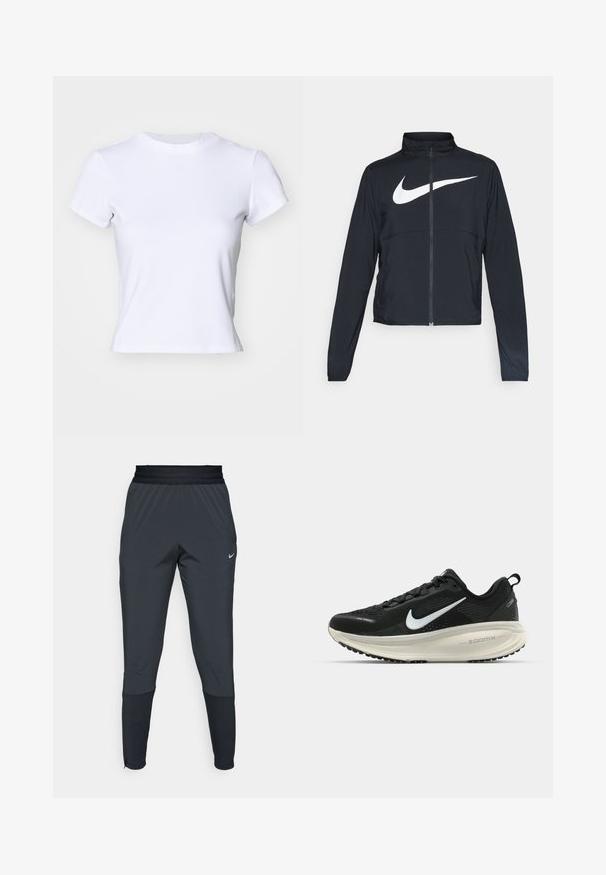 Fekete, teljes cipzáros sportdzseki magas gallérral, hosszú ujjal, amelyen egy nagy, fehér Nike logó található a mellkason.; Fehér, puha anyagból készült póló, kerek nyakkivágással és rövid ujjakkal, testhezálló szabással és kis logóval a nyakkivágás közelében.; Nike sportnadrág sötétszürke színben, szűkített lábakkal, rugalmas derékpánttal és díszítésekkel a szárak közelében.; Fekete Nike futócipő légáteresztő hálós felsőrésszel, fehér Swoosh logóval, textúrázott részletekkel és krém színű ZoomX középtalppal.